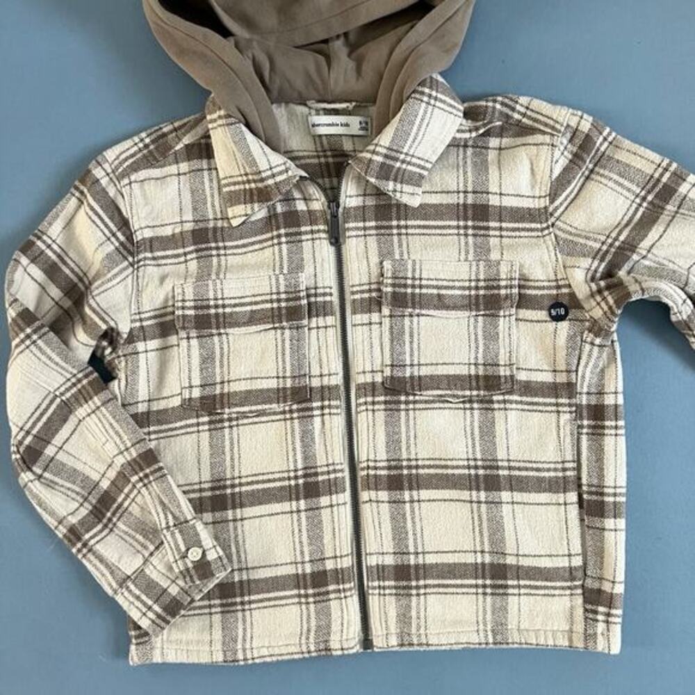 NWT Abercrombie Kids Hooded Plaid Cream‎ Flannel Zip Up Shirt Jacket